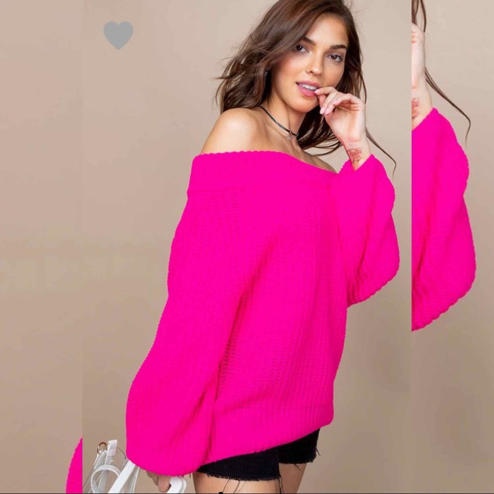 Off The Shoulder Sweater- NEON FUSHIA - Picture 2 of 2